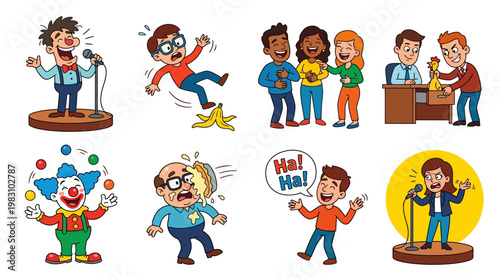 Cartoon characters expressing laughter and humor in various comedic situations and reactions