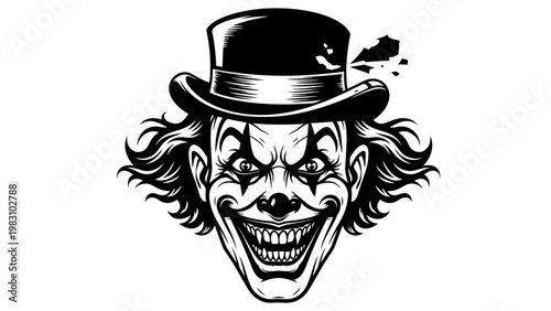 Scary Clown Face with Top Hat, Evil Grin, Horror, Halloween, Black and White