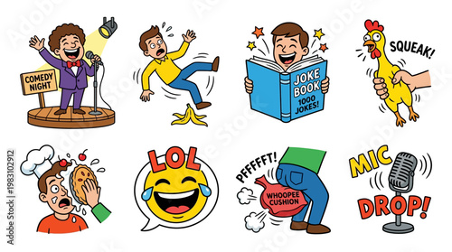 Comical scenes of people laughing and having fun with humor and jokes