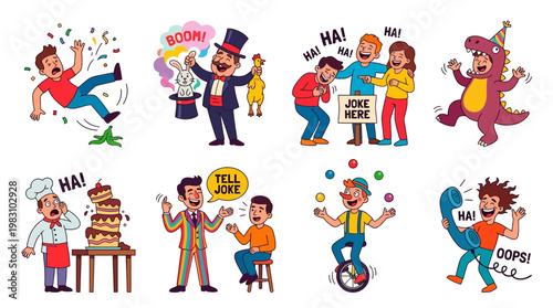 Cartoon characters expressing humor and joy in various comedic situations and reactions
