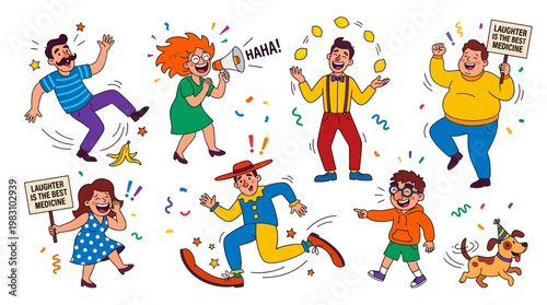 Cartoon people laughing and celebrating with joyful expressions and colorful confetti around them happily