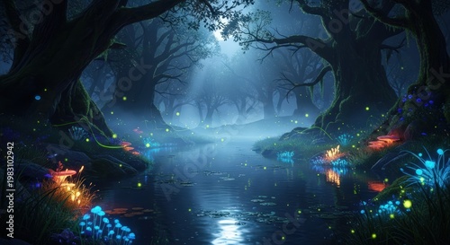 Enchanting Pixelated Forest Scene With A Winding River And Glowing Flora At Dusk