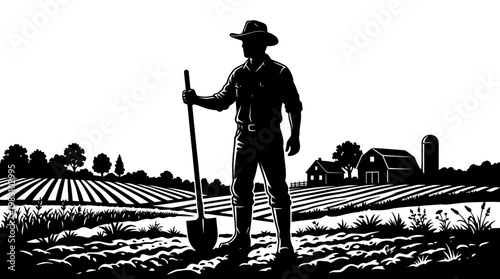 Man in hat holding shovel outdoors.