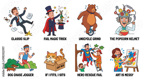 Funny cartoon characters in comedic situations of everyday life failures