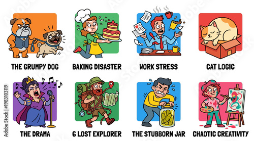 Cartoon characters in various humorous situations with captions expressing emotions and experiences