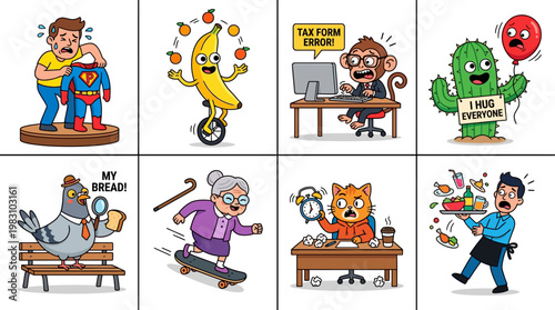 Cartoon characters in various humorous situations and occupations daily life