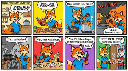 Cartoon fox character attempts gourmet cooking fails then orders pizza