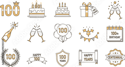 100th birthday celebration gold label set with cake, champagne, and anniversary badges vector illustration