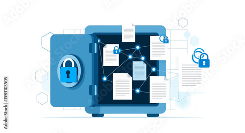 Conceptual illustration of digital data security and file protection with locked safe and secure network connections.