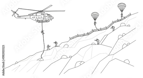 Military helicopter airlifts soldiers and equipment onto a steep, rocky mountain terrain.