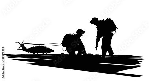 Military Helicopter Landing Zone with Soldiers Preparing for Mission