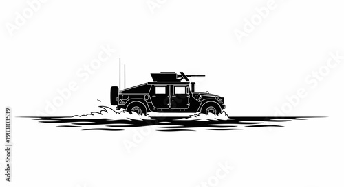 Military Humvee Driving Through Water - Black and White Silhouette