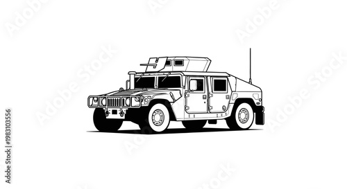 Military Humvee Vehicle Illustration - Black and White Line Art