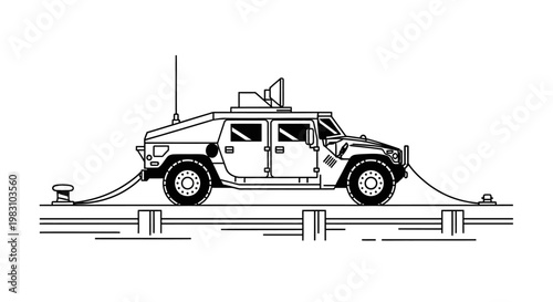 Military Humvee Secured to Dock with Ropes, Ready for Transport