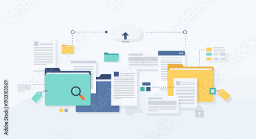 Conceptual illustration of digital document management and cloud storage technology.