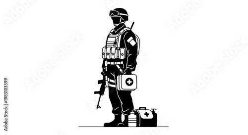 Military Medic Soldier with First Aid Kit and Medical Bag