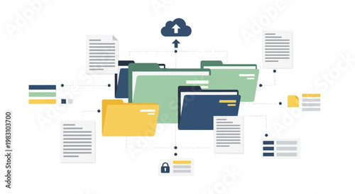 Digital file sharing and cloud storage concept with folders and documents.