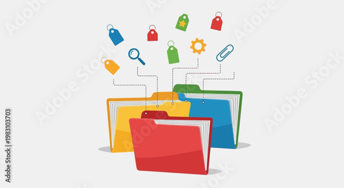 Conceptual illustration of digital file sharing and cloud storage with colorful folders and icons.