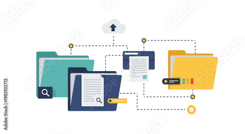 Digital file management and cloud storage concept with folders and documents.