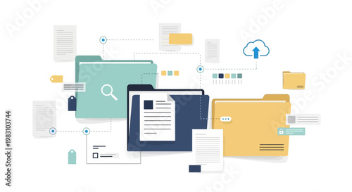 Abstract digital data flow and cloud storage concept with interconnected folders and documents.