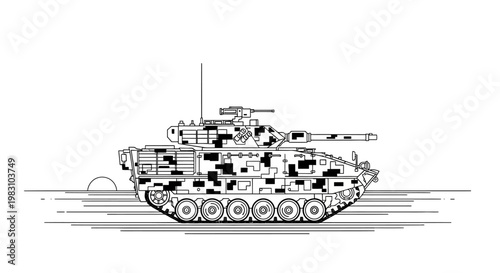 Modern Military Tank Silhouette, Camouflage, Desert Landscape, Line Art Drawing