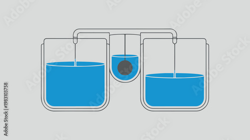 A technical schematic illustration showing a fluid container system with a central float valve