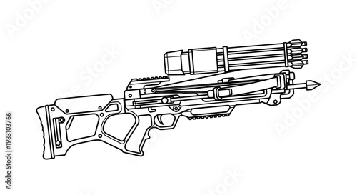 Modern Tactical Crossbow with Scope and Arrows - Black and White Line Art