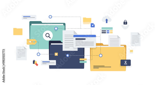 Digital document management and file organization concept with folders and data icons.