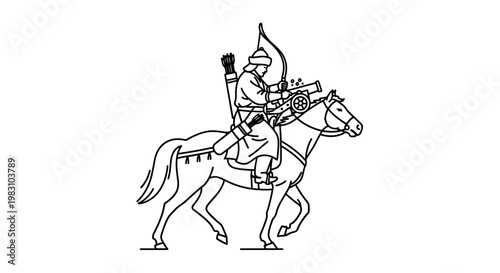 Mongol warrior on horseback with bow and arrow, historical illustration