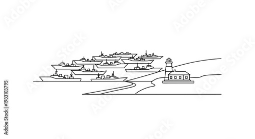 Naval Fleet and Lighthouse Illustration: Military Ships in Harbor, Coastal Scene