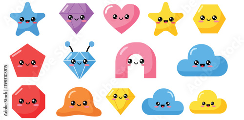 A colorful illustration of various cartoon shapes with smiling faces on a white background