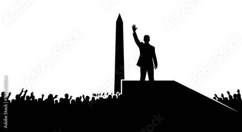 Politician Waving to Crowd Near Monument