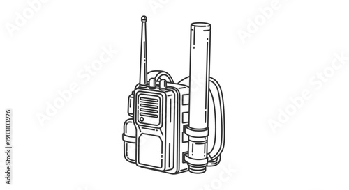 Portable Radio Communication Device with Antenna and Battery Pack - Line Art Illustration