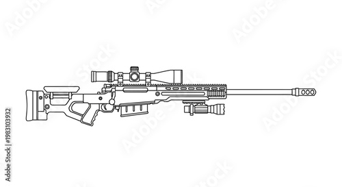 Precision Sniper Rifle with Scope and Bipod - Line Art Illustration