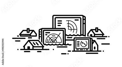 Radar Navigation Systems and Coastal Houses Line Art Illustration