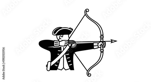 Revolutionary War Archer Aiming Bow and Arrow, Historical Figure, Vintage Illustration