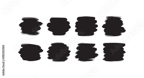 Abstract brush stroke set featuring black textured ink paint smears with rough edges for artistic design and creative layout.
