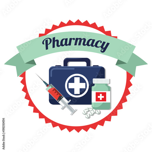 A pharmacy logo with a first aid kit, syringe, and medication bottle on a white background