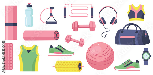 A colorful illustration of various fitness equipment and accessories laid out on a white background