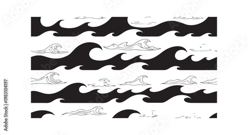 Ocean wave pattern collection, black and white set of seamless wave borders and elements, sea surface design.