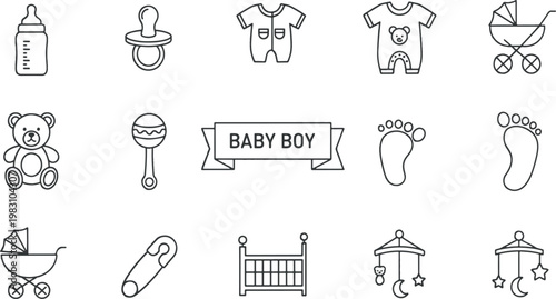 Flat lay baby boy essentials collection with pacifier, clothes, toys, and nursery items in minimalist design