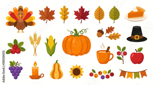 Autumn Thanksgiving Harvest Food Icons.