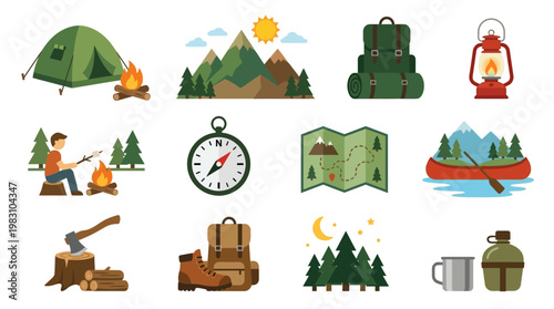 Camping gear and outdoor adventure icons.