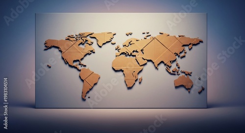3D wooden world map on a gray background