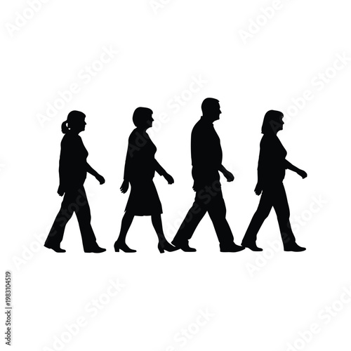 People walking silhouette vector illustration of four diverse adults moving forward together in line on white background scene.
