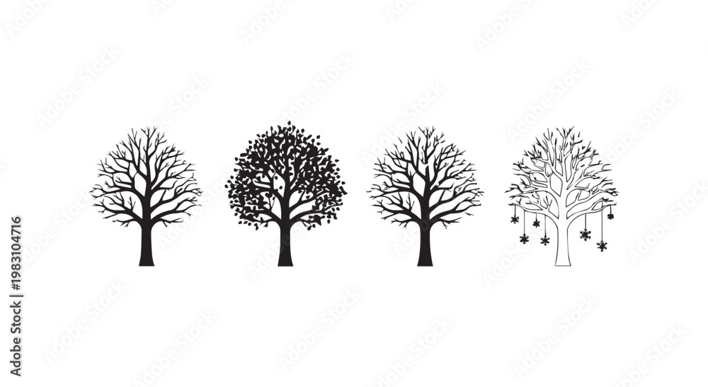 Fototapeta premium Four different styles of trees in winter and autumn.