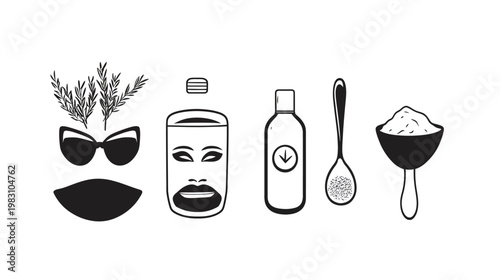 Stylized, minimalist illustrations on white.  Includes face-like vessel, bottle, spoon, bowl, leaves, sunglasses