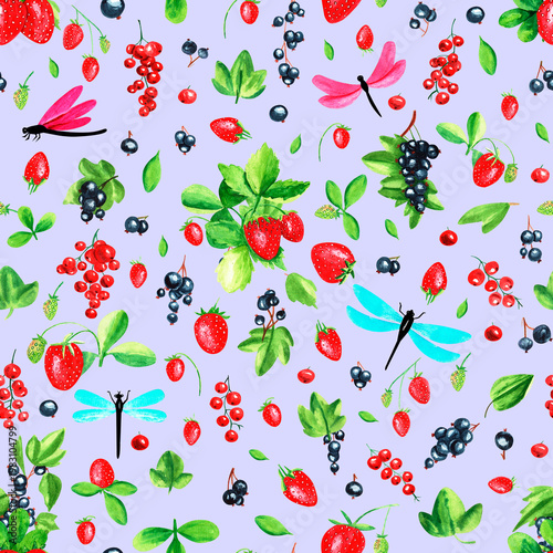 Seamless watercolor pattern with strawberries, black and red currants, blue and pink dragonflies on a blue background.