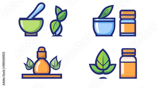 Four illustrations of herbal medicine components, including leaves, mortar, and bottles
