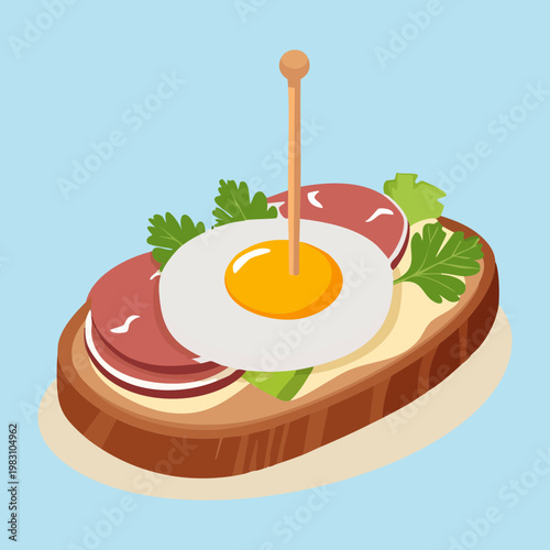 Canvas-taulu Tasty breakfast toast topped with fried egg and ham on blue frame for restaurant